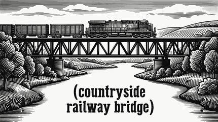 train railway track landscape crossing rural river bridge with freight locomotive transport infrastructure over countryside horizon showing travel journey transit motion passenger environment © samira