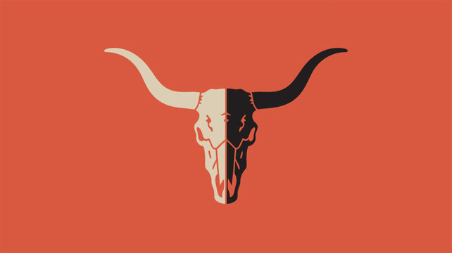 Minimalist longhorn bull skull vector illustration with large horns and symmetrical design on red background for rustic brand logo.
