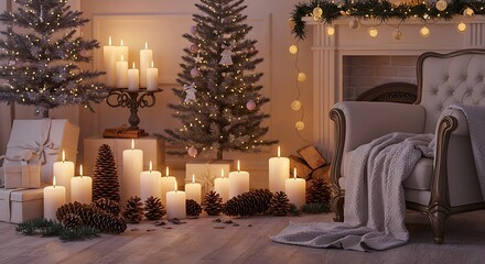 Obraz premium Christmas scene with candles and decorated trees creating a festive ambiance
