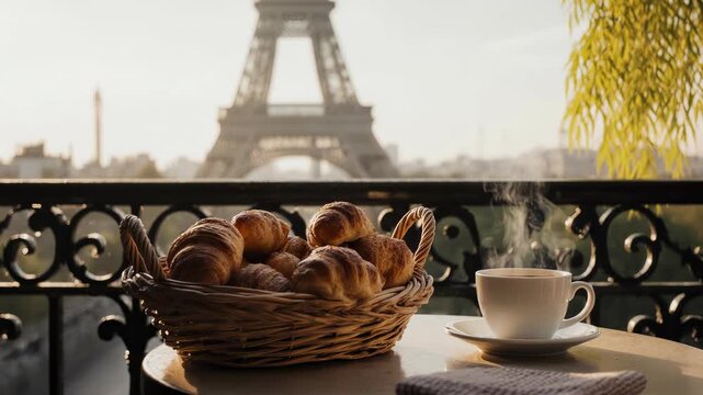French Breakfast Croissants and Coffee on Paris Balcony with Eiffel View