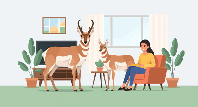 Two antelopes stand in a room with a woman sitting on a sofa