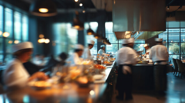 A bustling kitchen with chefs preparing food on a long counter in a modern restaurant