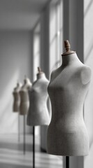 Several mannequins are lined up, showcasing smooth surfaces and hourglass shapes, with soft lighting and a blurred background