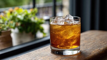 The Good Cork cocktail is made with mezcal, irish whiskey, benedictine D.O.M, and bitters. It is placed on a wooden table near a window
