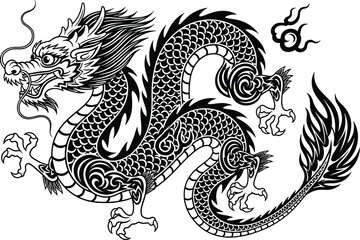 Traditional Chinese dragon black and white vector illustration, ornate mythological symbol design for culture, strength, power, fortune, art icon