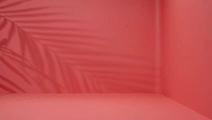 Coral pink studio interior with tropical palm leaf shadow, empty product display