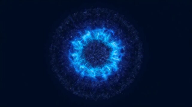 4K Animated Neon Flaming Ring with Particle Effects and Starry Background. Glowing Logo Frame, Shifting Blue Rainbow Eye Aura, Energy Circle, Flaming Cosmic Gateway for Business and Technology.