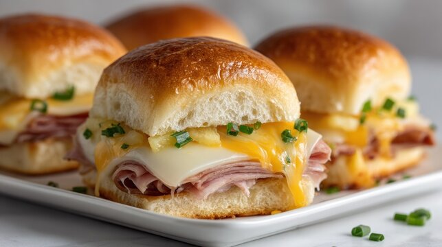 Close-up view of a grilled cheese slider featuring Hawaiian rolls filled with ham, pineapple, and melted cheese on a bright white plate