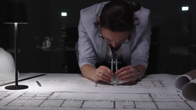 Female architect drawing blueprints with a compass tool in a dark office, designing a construction project. Business and architect people concept