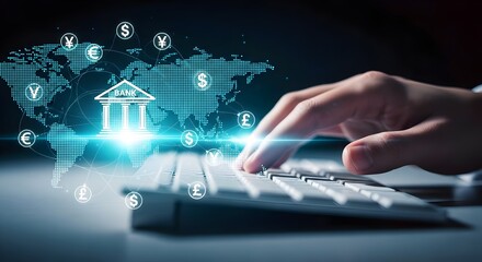Global banking system visualization with international currencies and digital financial connections. Photo 