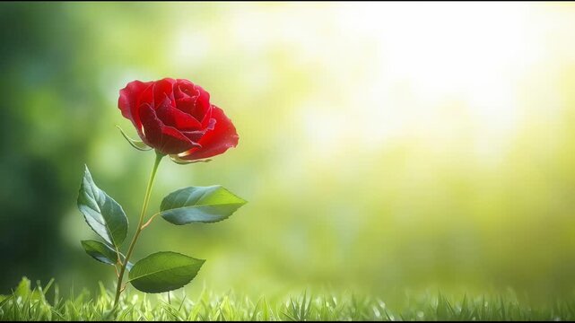 Single red rose rests upon vibrant green background lush green sets off vivid red rose capturing simple beauty