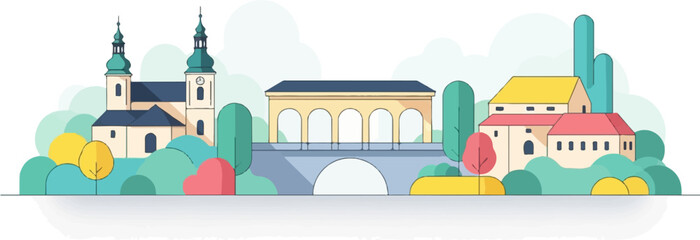 Obraz premium Stylized architectural landscape with a church, bridge, and buildings