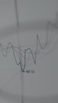 Financial chart from a trading platform indicating a value of 167.02 at a specific low point, view through eyeglasses