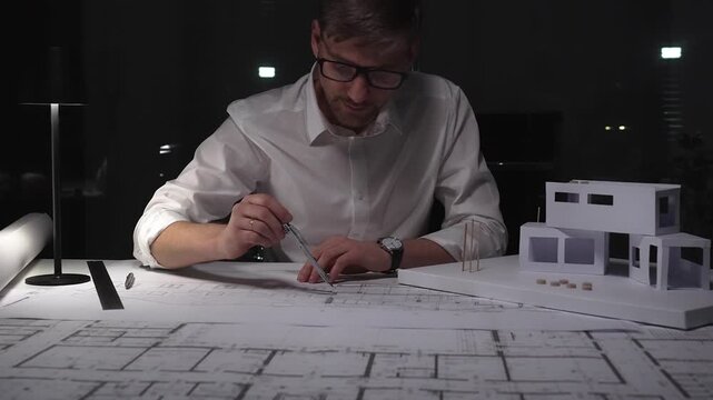 Man in glasses working overtime as an architect, analyzing paper blueprints, using a pen near a 3d building model.