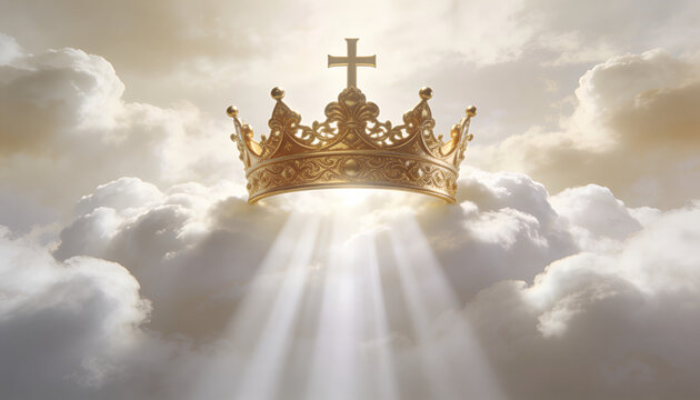 Golden crown with cross in heavenly clouds. Divine light rays shining on sacred religious symbol of christian royalty and faith