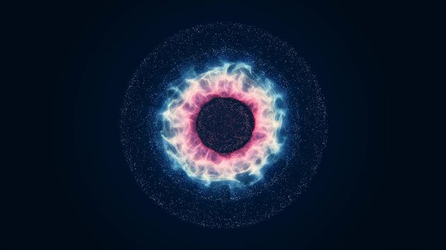 4K Animated Neon Flaming Ring with Particle Effects, Starry Background. Glowing Logo Frame, Shifting Blue Tricolour Rainbow Eye Aura, Energy Circle, Flaming Cosmic Gateway for Business  Technology.