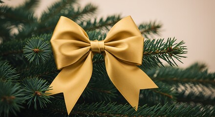 Golden ribbon bow on fir tree branches holiday decoration