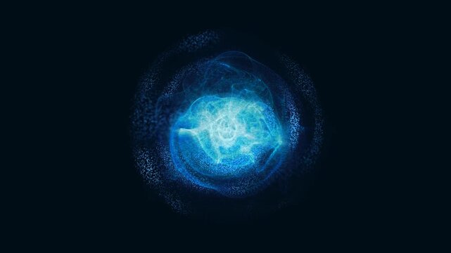 Neon Blue Energy Sphere with Cosmic Sand Animation. Waves, Micro-Particles, Lightning, Stars, Rays & Energy Flow. Life Creation, Universe Background for Logo, Technology, Medicine 4K