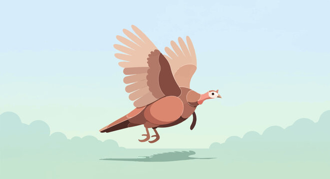 Stylized turkey bird in mid-flight with wings spread against sky and clouds