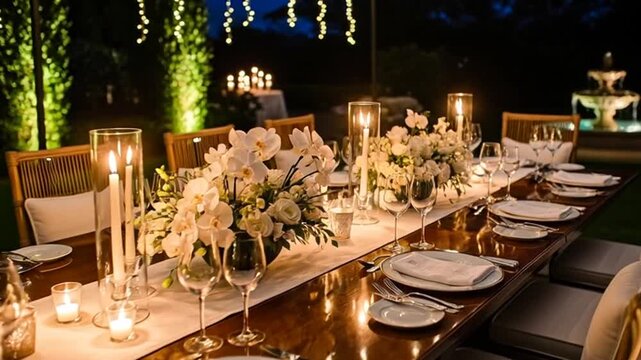 Elegant outdoor dinner party with white flowers and candles on a long wooden table