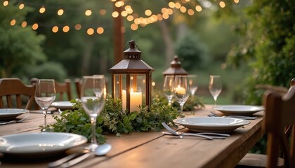 Obraz premium Outdoor wooden table set for dinner with candle lantern centerpiece. Plants and string lights add warmth. Guests await meal in cozy garden setting.