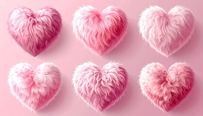 Six fluffy heart shapes in varying shades of pink, arranged on a light pink background