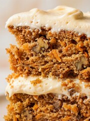 Fototapeta premium Decadent Carrot Cake Slice: Extreme Macro Close-Up of Moist Layers and Cream Cheese Frosting.