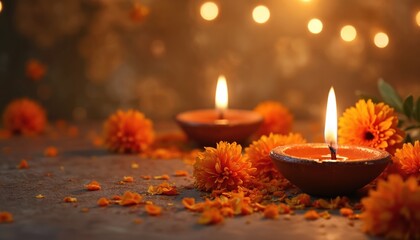 Burning diya lamp with orange marigold flowers on textured surface. Traditional Indian holiday decor with soft bokeh lights. Festive atmosphere, cultural celebration, warm glow.
