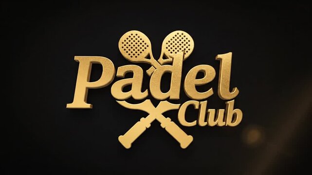3D golden padel club text with rackets on dark background