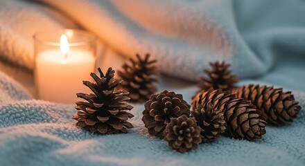 Lit candle with pine cones on a soft blanket background peaceful ambiance