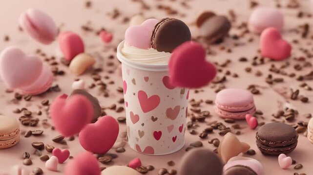 Sweet romantic coffee frappe with heart-shaped macarons, chocolate, and candies, surrounded by coffee beans on a pink background.