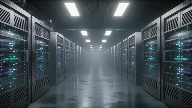 Symmetry of Racks, Endless Data Aisles, Fluorescent Glow and Scale from a Central Perspective