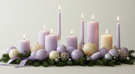 Lit candles and ornaments displayed on a tabletop arrangement