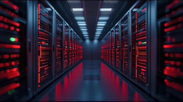 Server row in data center facility modern technology infrastructure houses numerous network units
