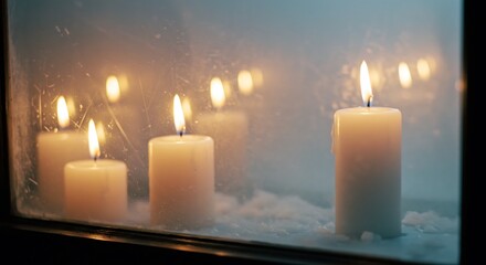 Lit candles behind window glass creating warm glow and cozy atmosphere