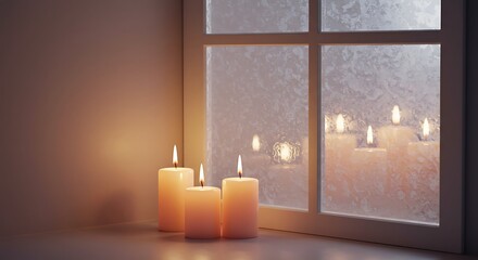 Lit candles beside window cozy interior scene warm lighting