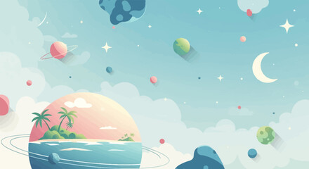 Fototapeta premium Surreal, pixelated space scene with a tropical island and planets