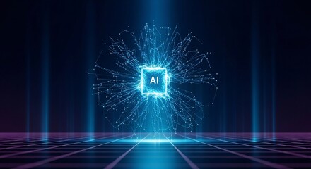 Obraz premium A futuristic digital illustration of an AI chip with glowing blue lines