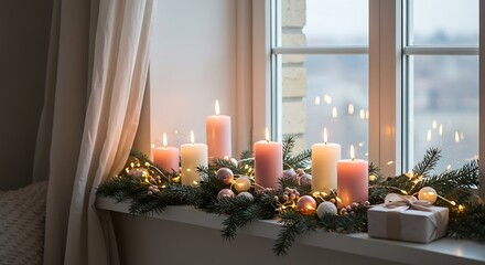 Lit candles on a windowsill with festive decorations and soft lighting