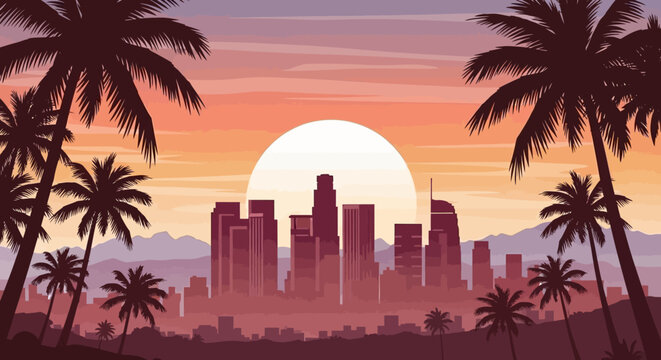 Los Angeles Skyline at Sunset with Palm Trees and Mountains Silhouette