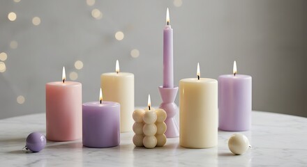 Lit candles on tabletop pastel colors and warm glow for relaxation