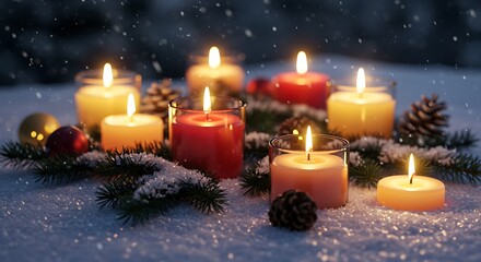 Lit candles on snow covered surface with pine cones and greenery