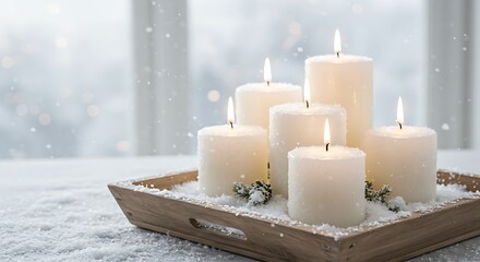 Lit candles on wooden tray with snowfall background for relaxation
