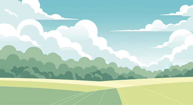 Stylized cloudy sky above rolling green fields and distant trees