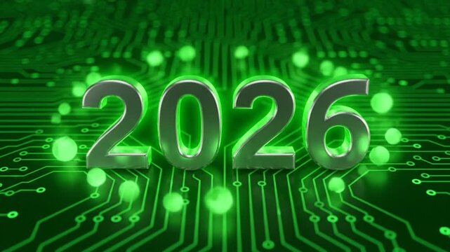 Futuristic rendering shows the year 2026 in metallic font over a vibrant green circuit board