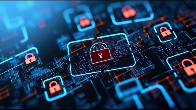 Blue circuit board displays security lock symbol digital representation of circuit security data protection
