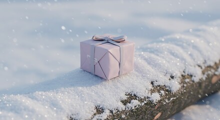 Pink gift box on snowy log outdoors with soft lighting and copy space