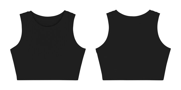 Black Cropped Tank Top Front and Back Views Isolated on Transparent Background for Mockup
