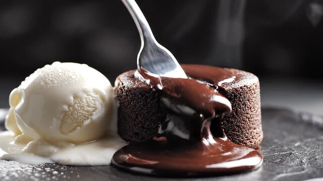 Cinematic close-up video of chocolate lava cake being cut open with melted chocolate flowing out and vanilla ice cream melting. Dark background, dramatic lighting, slow motion, and professional desser
