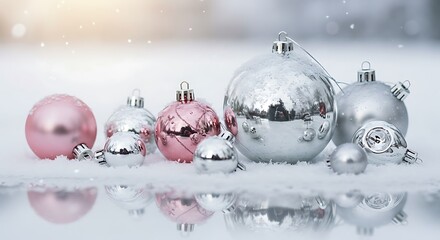 Shiny christmas ornaments in shades of pink and silver on a snowy surface